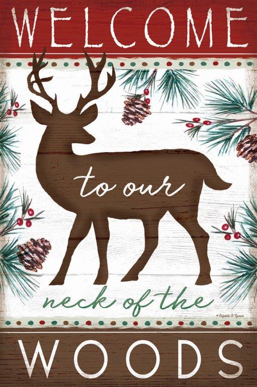 Elizabeth Tyndall ET218 - ET218 - Welcome to Our Neck of the Woods - 12x18 Lodge, Moose, Welcome to Our Neck of the Woods, Typography, Signs, Textual Art, Wildlife, Pine Sprigs, Pinecones, Arrows, Patterns from Penny Lane