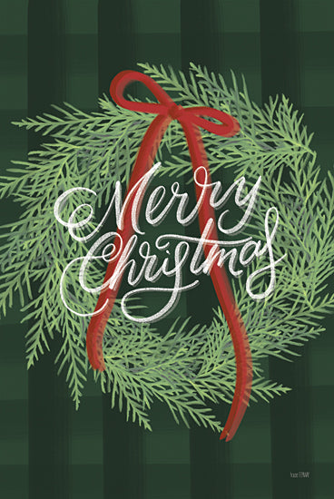House Fenway FEN405 - FEN405 - Merry Christmas Wreath - 12x18 Merry Christmas, Holidays, Wreath, Greenery, Plaid Background, Signs from Penny Lane