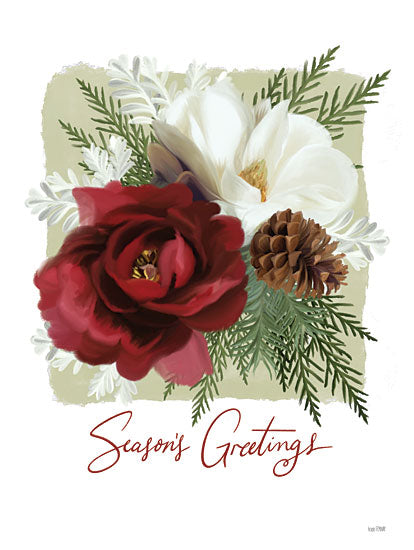 House Fenway FEN704 - FEN704 - Botanical Season's Greetings - 12x16 Christmas, Holidays, Flowers, Red, White Flowers, Pine Cones, Greenery, Typography, Signs, Season's Greetings, Winter from Penny Lane