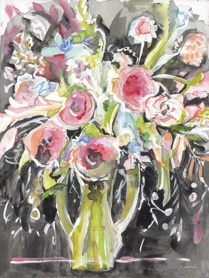 Jessica Mingo JM570 - JM570 - Floral Chaos I - 12x16 Flowers, Pink Flowers, Green Vase, Abstract, Watercolor, Black Background from Penny Lane