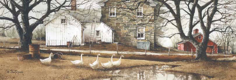 John Rossini JR192C - JR192C - Puddle Jumpers - 36x12 Farm, House, Homestead, Stone House, Geese, Puddle, Barn, Red Barn, Landscape, Trees, Puddle Jumpers from Penny Lane