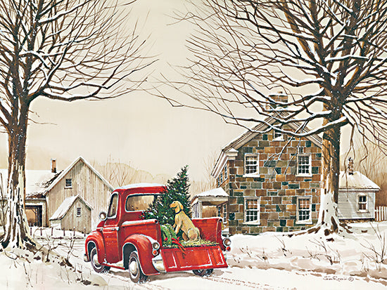 John Rossini JR382 - JR382 - Tucker's First Christmas - 16x12 Christmas, Holidays, Truck, Christmas Tree, Dogs, Winter, Home, Stone House, Road, Trees, Folk Art from Penny Lane
