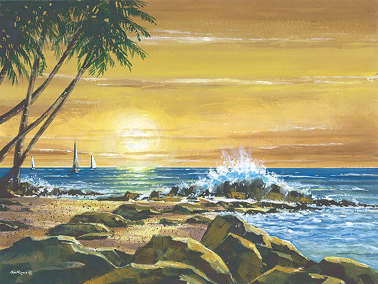 John Rossini JR390 - JR390 - Sunset - 16x12 Coastal, Landscape, Trees, Palm Trees, Tropical, Rocks, Coast, Waves, Sunset, Sun, Nature from Penny Lane