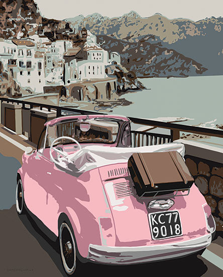 Kamdon Kreations KAM205 - KAM205 - Pink Bug in Europe - 12x16 Abstract, Pink Car, Car, Convertible, Europe, European, Ocean, Landscape, Travel from Penny Lane