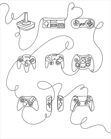 Kamdon Kreations KAM683 - KAM683 - Plugged In    - 12x16 Games, Video Games, Controllers, Children, Masculine, Black & White, Drawing Print, Plugged in from Penny Lane