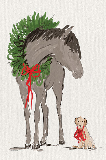 Kamdon Kreations KAM784 - KAM784 - Pony and a Puppy on Christmas Morning - 12x18 Christmas, Holidays, Pony, Dog, Wreath, Abstract, Bows, Inspirational from Penny Lane