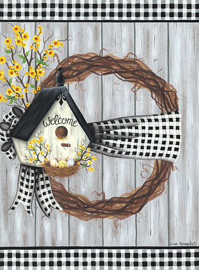 Lisa Kennedy KEN1170 - KEN1170 - Spring Welcome Wreath - 12x16 Spring Welcome Wreath, Wreath, Grapevine Wreath, Birdhouse, Welcome, Flowers, Black & White Plaid, Springtime, Signs from Penny Lane