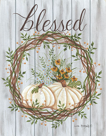 Lisa Kennedy KEN1195 - KEN1195 - Blessed - 12x16 Blessed, Pumpkins, White Pumpkins, Wreath, Grapevine Wreath, Flowers, Greenery, Calligraphy, Autumn, Signs from Penny Lane