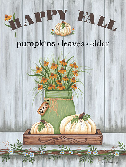 Lisa Kennedy KEN1199 - KEN1199 - Happy Fall - 12x16 Happy Fall, Jar, Ball Jar, Flowers, Pumpkins, White Pumpkins, Still Life, Autumn, Signs from Penny Lane