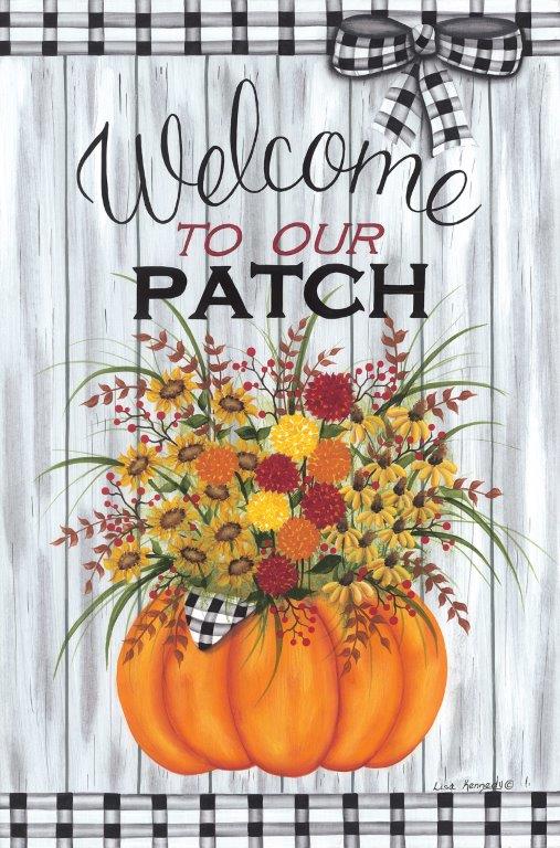 Lisa Kennedy KEN1217 - KEN1217 - Welcome to Our Patch - 12x18 Welcome to Our Patch, Pumpkins, Flowers, Plaid, Welcome, Wood Background, Typography, Signs, Fall from Penny Lane