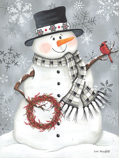 Lisa Kennedy KEN1241 - KEN1241 - Snowman with Berry Wreath - 12x16 Snowman, Winter, Cardinal, Wreath, Berry Wreath, Snowflakes, Top Hat, Whimsical from Penny Lane