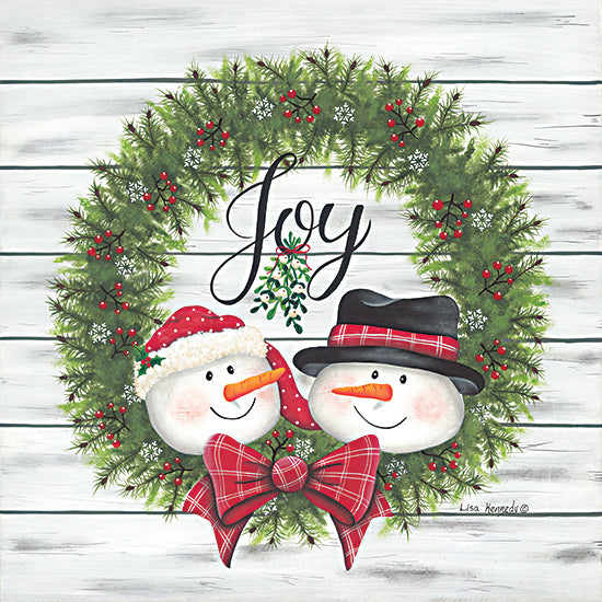 Lisa Kennedy KEN1253 - KEN1253 - Joy Snowman Wreath     - 12x12 Christmas, Holidays, Wreath, Greenery, Snowmen, Joy, Typography, Signs, Textual Art, Bow, Wood Background from Penny Lane