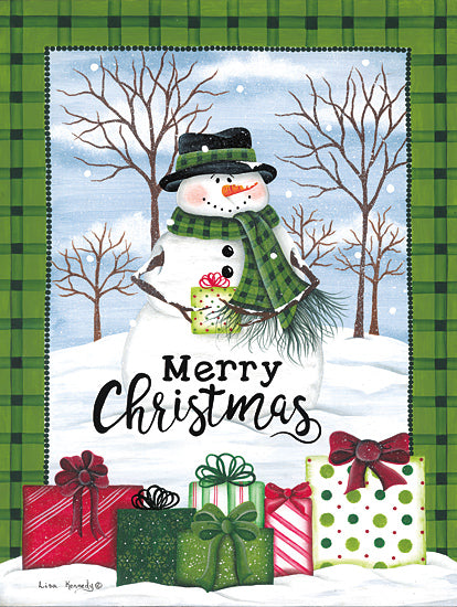 Lisa Kennedy KEN1306 - KEN1306 - Green Plaid Snowman - 12x16 Christmas, Holidays, Winter, Snowman, Merry Christmas, Typography, Signs, Textual Art, Presents, Snow, Trees,  Green Plaid Border from Penny Lane