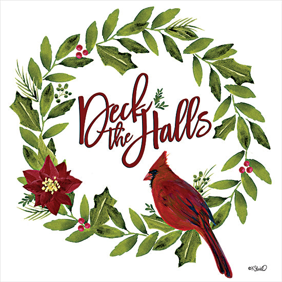 Kate Sherrill KS231 - KS231 - Deck the Halls Cardinal Wreath - 12x12 Christmas, Holidays, Deck the Halls, Typography, Signs, Textual Art, Greenery, Poinsettia, Cardinal, Winter, Nature from Penny Lane