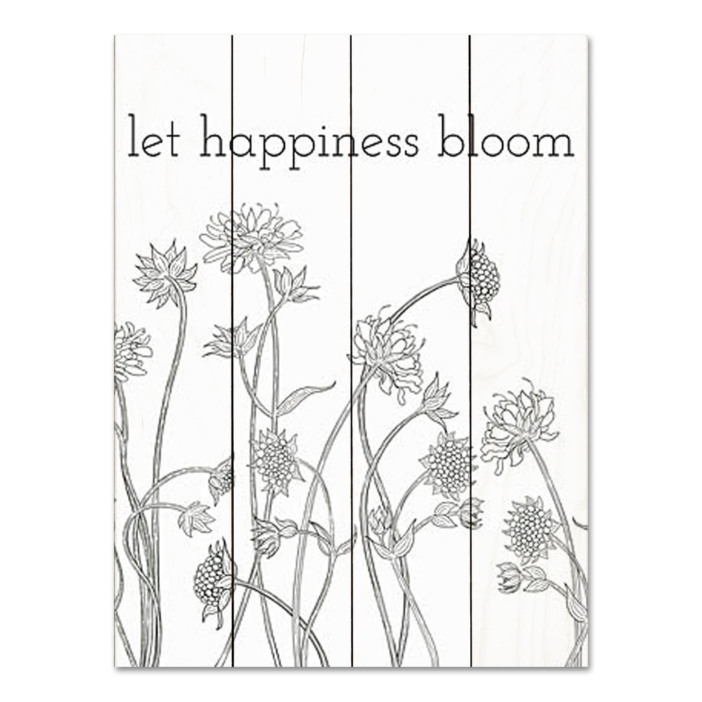 Kate Sherrill KS254PAL - KS254PAL - Let Happiness Bloom - 16x12 Flowers, Sketch, Drawing Print, Let Happiness Bloom, Typography, Signs, Black & White from Penny Lane