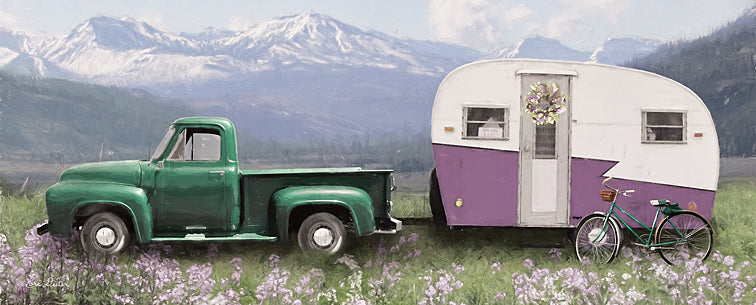 Lori Deiter LD1829A - LD1829A - Spring Camping with Bike - 36x12 Spring Camping, Camping, Camper, Truck, Photography, Landscape, Mountains from Penny Lane