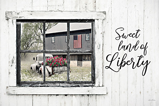 Lori Deiter LD3125 - LD3125 - Sweet Land of Liberty - 18x12 Patriotic, Sweet Land of Liberty, Typography, Signs, Textual Art, Window, Photography, Truck, Flowers, Red Flowers, Barn, Gray Barn, American Flag, Independence Day, Farmhouse/Country from Penny Lane