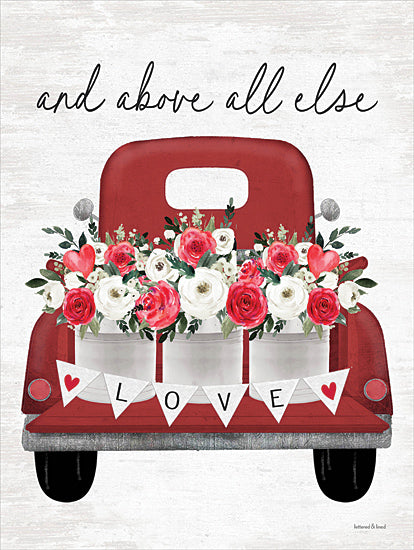 lettered & lined LET1048 - LET1048 - Love Truck - 12x16 Valentine's Day, Truck, Red Truck, Flowers, Red Flowers, White Flowers, Bouquets, And Above All Else Love, Typography, Signs, Textual Art, Hearts, Banner, Pails of Flowers, Spring from Penny Lane