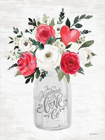lettered & lined LET1050 - LET1050 - Handmade with Love - 12x16 Valentine's Day, Flowers, Red Flowers, White Flowers, Bouquets, Hearts, Greenery, Mason Jar, The Handmade with Love Co., Typography, Signs, Textual Art, Farmhouse/Country, Spring from Penny Lane