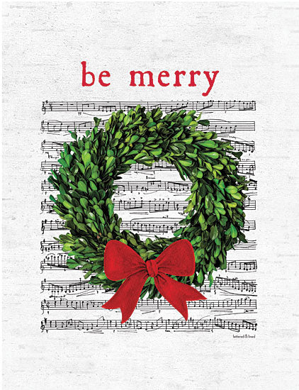 lettered & lined LET152 - LET152 - Be Merry  - 12x16  Christmas, Holidays, Be Merry, Typography, Signs, Textual Art, Sheet Music, Music, Wreath, Greenery, Red Bow from Penny Lane