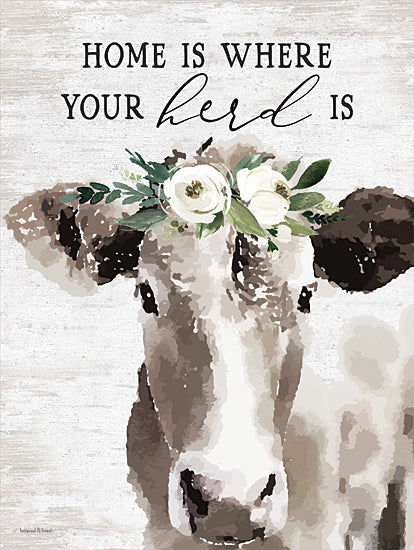 lettered & lined LET347 - LET347 - Home is Where Your Herd Is - 12x16 Home is Where Your Herd Is, Cow, Floral Crown, Watercolor, Home, Family, Typography, Signs from Penny Lane