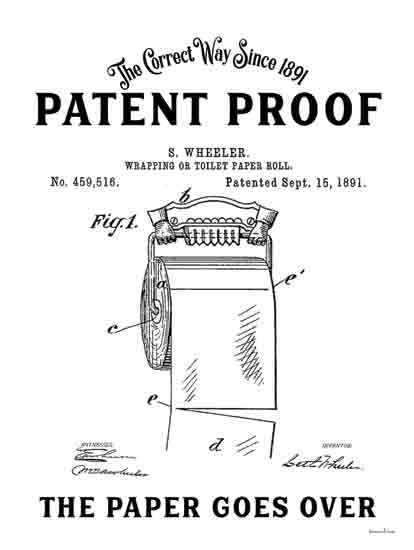 lettered & lined LET901 - LET901 - TP Patent Proof - 12x16 Bath, Bathroom, Humor, The Correct Way Since 1891 Patent Proof ~ The Paper Goes Over, Typography, Signs, Textual Art, Black & White, Toilet Paper, Blueprint from Penny Lane