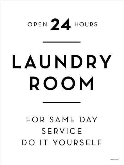 lettered & lined LET909 - LET909 - Laundry Room II - 12x16 Laundry, Laundry Room, Humor, Open 24 Hours Laundry Room, Typography, Signs, Textual Art, Black & White from Penny Lane