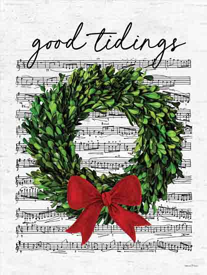 lettered & lined LET930 - LET930 - Good Tidings - 12x16 Christmas, Holidays, Good Tidings, Typography, Signs, Textual Art, Wreath, Greenery, Red Ribbon, Sheet Music from Penny Lane