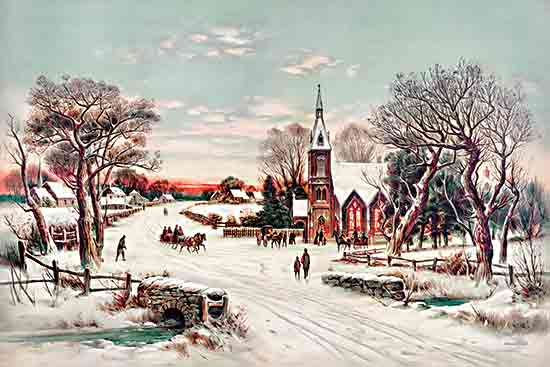 lettered & lined LET941 - LET941 - Yesteryear Christmas Church - 18x12 Christmas, Holidays, Church, Village, Winter, Snow, Road, People, Vintage, Yesteryear Christmas Church, Christmas Morning from Penny Lane