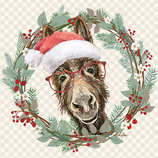 Lee Keller LK237 - LK237 - Christmas Donkey - 12x12 Christmas, Holidays, Donkey, Wreath, Grapevine Wreath, Greenery, Holly, Berries, Whimsical, Santa's Hat, Glasses, Plaid Background, Winter from Penny Lane