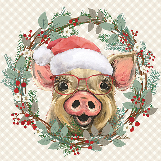 Lee Keller LK239 - LK239 - Christmas Pig - 12x12 Christmas, Holidays, Pig, Wreath, Grapevine Wreath, Greenery, Holly, Berries, Whimsical, Santa's Hat, Glasses, Plaid Background, Winter from Penny Lane