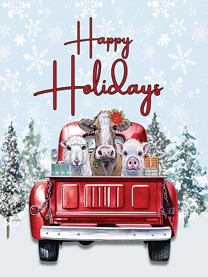 Lee Keller LK271 - LK271 - Happy Holidays Farm Truck - 12x16 Christmas, Farm Animals, Whimsical, Presents, Truck, Red Truck, Truck Bed, Winter, Snow, Trees, Happy Holidays, Typography, Signs, Textual Art from Penny Lane