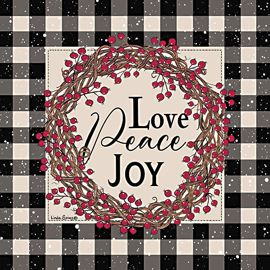 Linda Spivey LS1830 - LS1830 - Love Peace Joy with Berries - 12x12 Love, Peace, Joy, Wreath, Berries, Black & White Gingham, Border, Signs from Penny Lane
