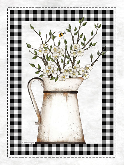 Linda Spivey LS1888 - LS1888 - Sweet Blossoms I - 12x16 Still Life, Farmhouse/Country, Flowers, Pitcher, White Flowers, Leaves, Black & White Plaid Border, Kitchen, Bumble Bee, from Penny Lane