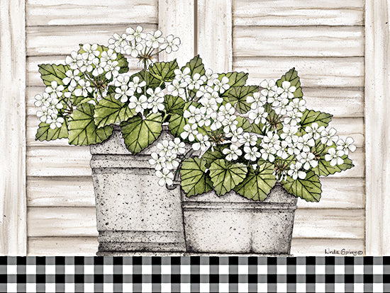 Linda Spivey LS1889 - LS1889 - Sweet Blossoms II - 16x12 Still Life, Farmhouse/Country, Flowers, White Flowers, Planters, Black & White Plaid, Shutters, Spring, Spring Flowers from Penny Lane
