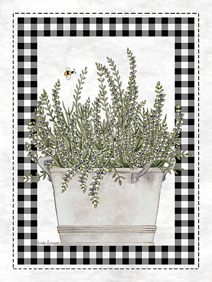 Linda Spivey LS1890 - LS1890 - Sweet Blossoms III - 12x16 Still Life, Farmhouse/Country, Herbs, Lavender, Planter, Bumble Bee, Black & White Plaid Border from Penny Lane