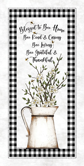 Linda Spivey LS1891 - LS1891 - Blessed to Bee Home - 9x18 Inspirational, Whimsical, Bees, Blessed to Bee Home, Bee Kind & Caring, Typography, Signs, Textual Art, Flowers, White Flowers, Pitcher, Kitchen, Still Life, Black & White Plaid Border, Farmhouse/Country from Penny Lane