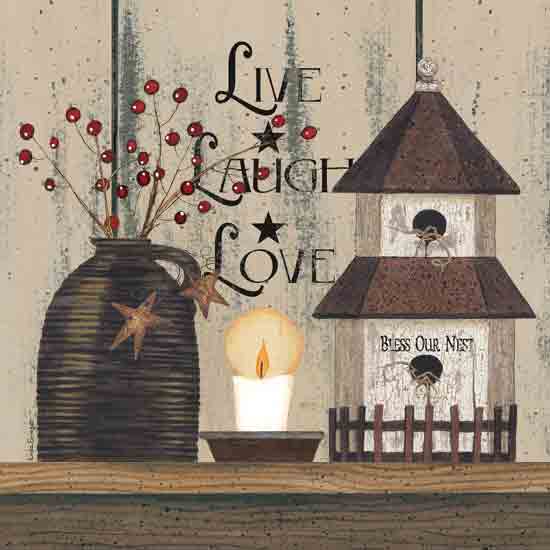 Linda Spivey LS1903 - LS1903 - Live Laugh Love Birdhouse - 12x12 Still Life, Crock, Berries, Barn Stars, Candle, Birdhouse, Inspirational, Live, Laugh, Love, Typography, Signs, Textual Art, Farmhouse/Country from Penny Lane