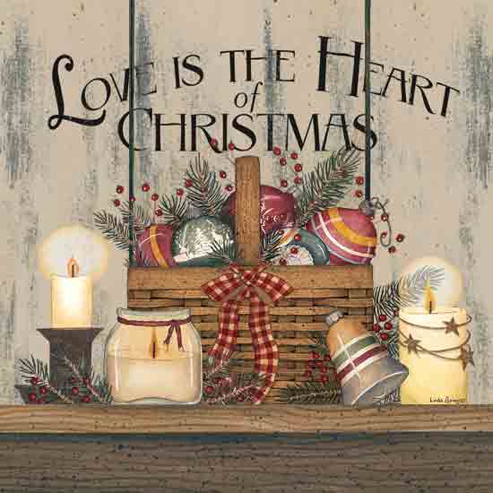 Linda Spivey LS1906 - LS1906 - Love is the Heart of Christmas - 12x12 Christmas, Holidays, Farmhouse/Country, Still Life, Basket, Ornaments, Candles, Inspirational, Love is the Heart of Christmas, Typography, Signs, Textual Art, Pine Sprigs, Berries from Penny Lane