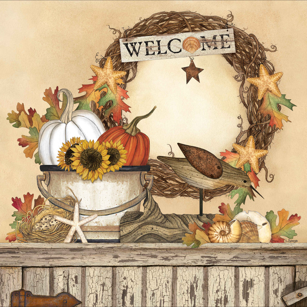 Linda Spivey LS1907 - LS1907 - Coastal Fall Still Life - 12x12 Fall, Still Life, Coastal, Pumpkins, Sunflowers, Bird, Shells, Starfish, Wreath, Leaves, Driftwood, Birds Nest, Cabinet, Shells, Bucket, Welcome Sign, Typography from Penny Lane