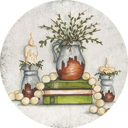 Mary Ann June MARY592RP - MARY592RP - Rusted Stoneware - 18x18 Still Life, Books, Beads, Candles, Candlesticks, Pitcher, Greenery, Cottage/Country from Penny Lane
