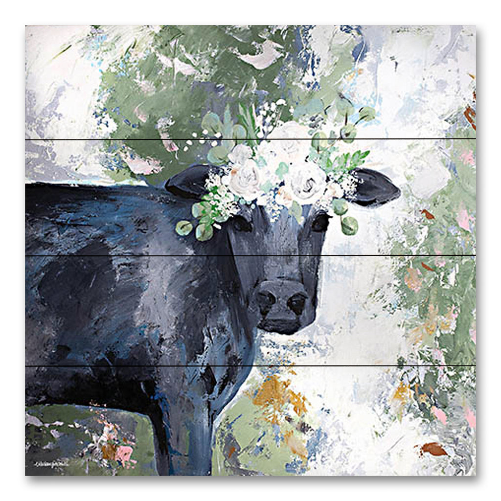 Mackenzie Kissell MKA125PAL - MKA125PAL - Mabel the Cow - 12x12 Cow, Flowers, Floral Crown, Black Cow, Whimsical, Portrait from Penny Lane