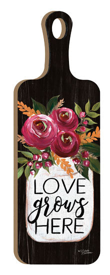 Michele Norman MN119CB - MN119CB - Love Grows Here - 6x18 Kitchen, Cutting Board, Love Grows Here, Typography, Signs, Inspirational, Flowers, Hot Pink Flowers, Glass Jar, Farmhouse/Country, Black Background from Penny Lane
