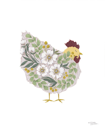 Michele Norman MN398 - MN398 - Spring Floral Hen    - 12x16 Whimsical, Hen, Chicken, Flowers, Greenery, White Flowers from Penny Lane
