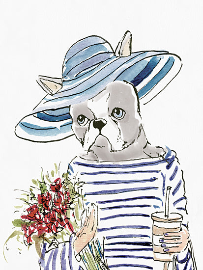 Masey St. Studios MS204 - MS204 - Fashion Frenchie - 12x16 Fashion, Dog, Animals, Pets, French Pug, Whimsical, Hat, Floppy Hat, Flowers, Drink from Penny Lane