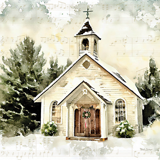 Nicole DeCamp ND188 - ND188 - Country Church at Christmas I - 12x12 Christmas, Holidays, Religious, Church, Country Church, White Church, Trees, Sheet Music, Christmas Decorations, Watercolor, Winter from Penny Lane