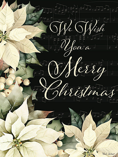Nicole DeCamp ND191 - ND191 - Merry Christmas Poinsettias - 12x16 Christmas, Holidays, Flowers, Poinsettias, Christmas Flowers, White Poinsettias, Berries, White Berries, We Wish You a Merry Christmas, Typography, Signs, Textual Art, Christmas Song, Sheet Music, Black Background from Penny Lane