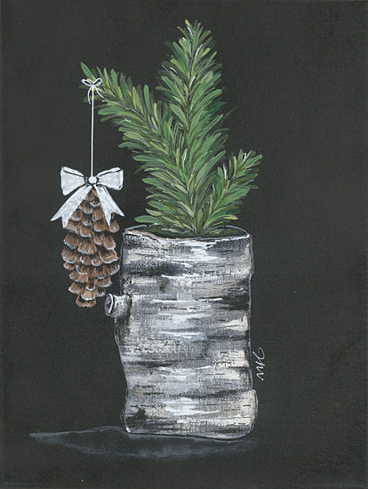 Julie Norkus NOR153 - NOR153 - Birch Log Planter    - 12x16 Still Life, Birch Log Planter, Pinecone, Greenery, Nature, Black Background from Penny Lane