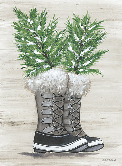 Julie Norkus NOR157 - NOR157 - Winter Walking     - 12x16 Still Life, Boots, Snow Boots, Pine Branches, Winter, Winter Walking from Penny Lane