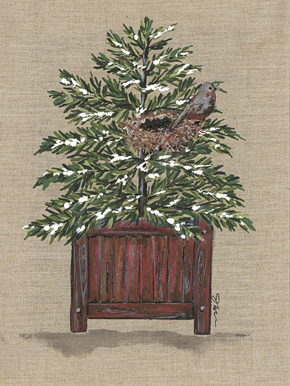 Julie Norkus NOR158 - NOR158 - Winter Nesting Spot    - 12x16 Still Life, Potted Tree, Bird, Bird Nest, Winter, Snow, Wood Planter from Penny Lane